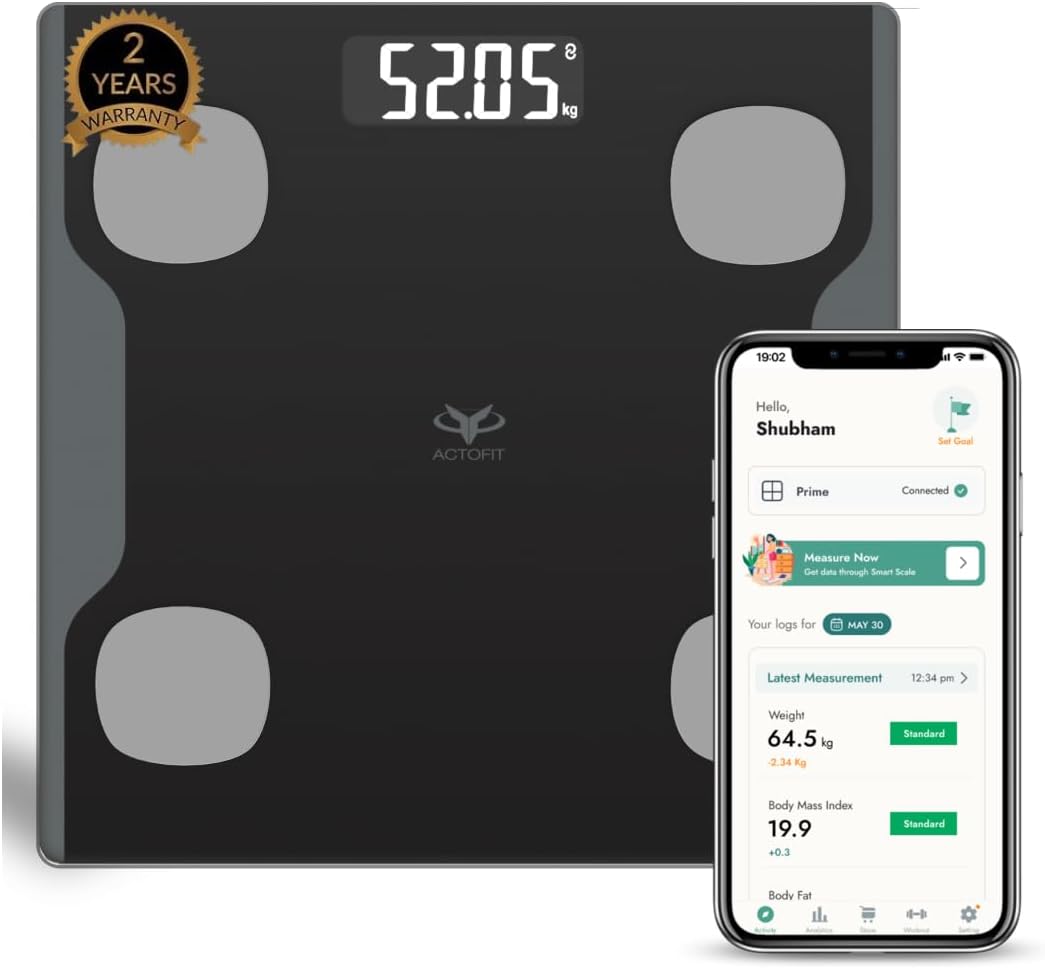 Actofit Body Fat Analyser Smart Scale Home|Complete Digital Body Composition Monitor Including Bmi,Skeletal Muscle,Protein,Fat&11 Other Key Body Composition Analysis,Multi-coloured,Pack of 1
