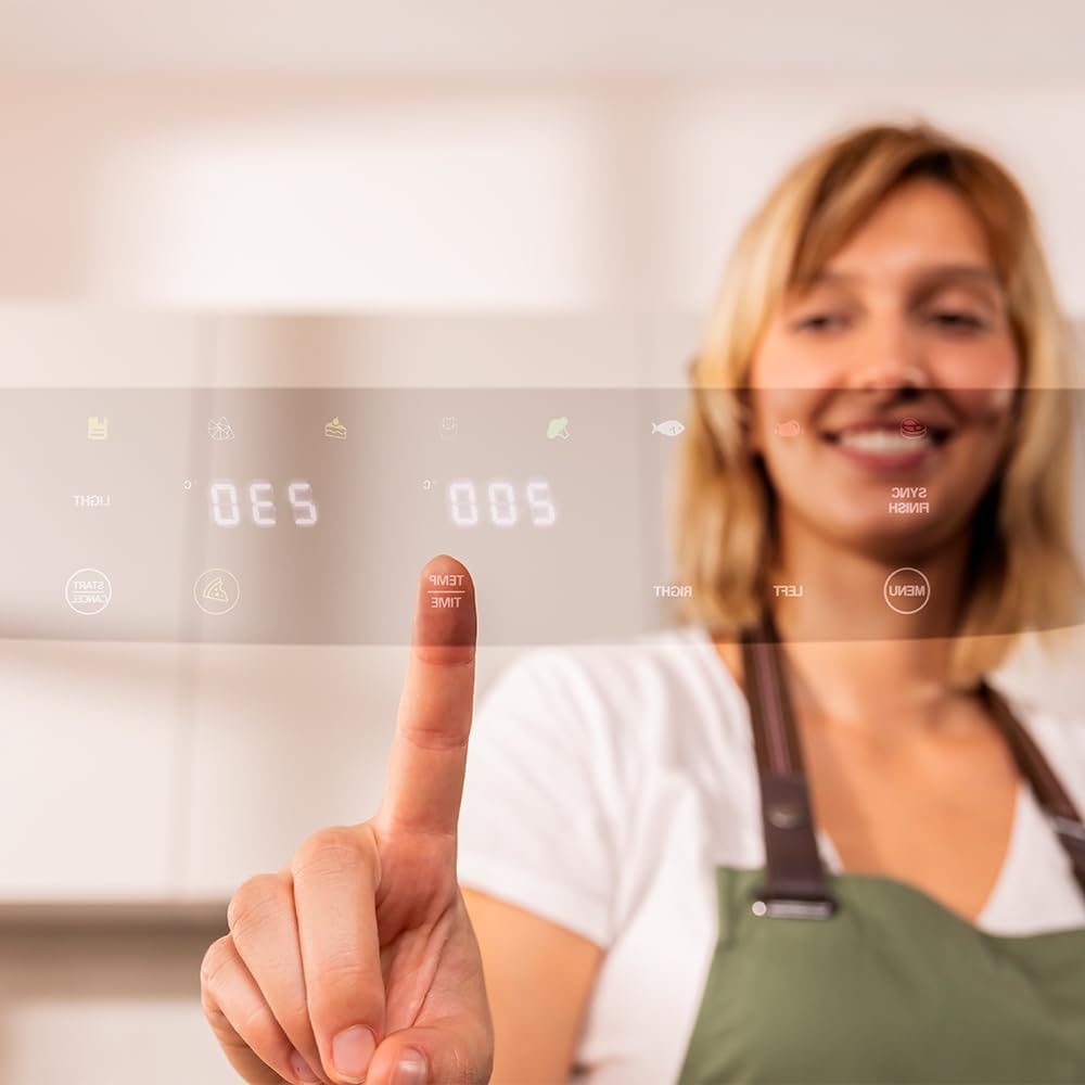 Close-up of the Cecotec Cecofry FoodCourt 18000's digital control panel with a finger touching the screen.