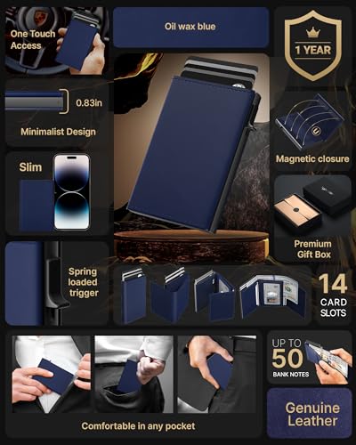 Image of typecase Mens Wallet Card Holder: Pop Up Aluminum Case, Premium Genuine Leather, Smart, RFID Blocking, Slim, Minimalist, Front Pocket - 9-14 Card Capacity | ID Window | Cash Slot (Navy)