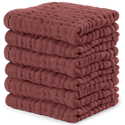 Image of Comfy Cubs Muslin Baby Washcloths 6 Pack - Soft 6-Layer Cotton Wash Cloths for Sensitive Skin - 10"x10" Large, Gentle, Absorbent Infant Essentials for Newborn and Toddlers - Wine