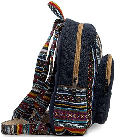 Mini Hemp Backpack Bag - Blue Boho Eco Friendly Unisex Rustic Durable by Freakmandu, Multicolor, Mini