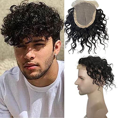 Voloria Men's Toupee 8inch Hairpieces Curly Hair 100% European Virgin Human Hair Replacement System Hair Topper Pieces for Men Swiss Lace Net with PU Base Size 4.33x6.69 inch Natural Black Color