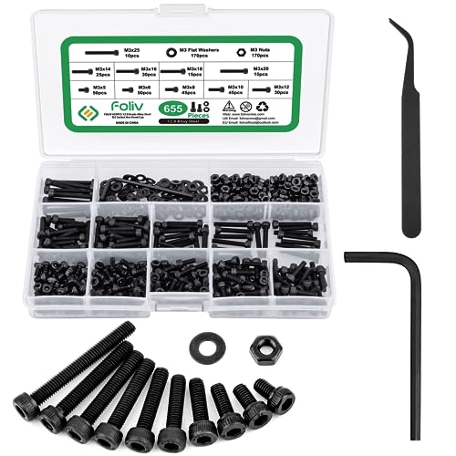 Foliv Lot de 655 vis M3, en acier au carbone noir, rondelles, à tête hexagonale, avec clé à molette, vis filetées