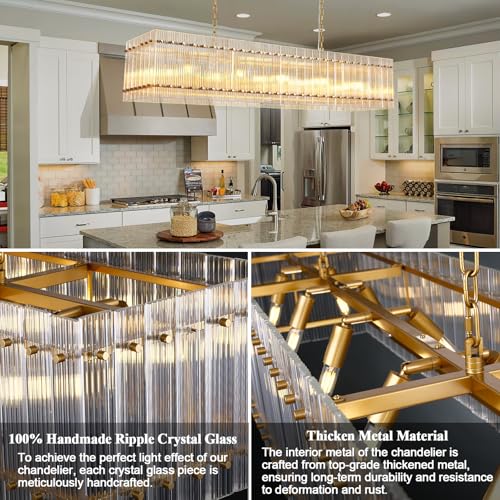 Image of Modern Gold Chandeliers,55 in Chandelier for Dining Room, Rectangular Water Ripple Crystal Glass Chandeliers Lighting Fixture, Suit Living Room、Kitchen Island, Adjustable Hanging Chandelier