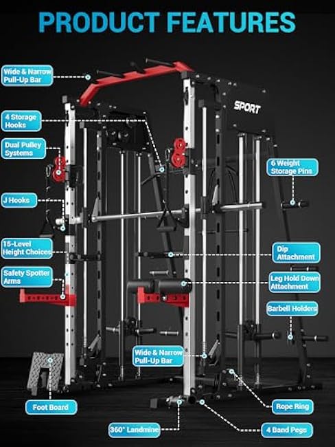 Smith Machine with Cable Crossover System for Home Gym,2200lbs Multi-Function Squat Rack Power Cage,All-in-One Fitness Equipment with LAT Pull-Down & Dual Pulley System & Leg Hold-Down Attachment