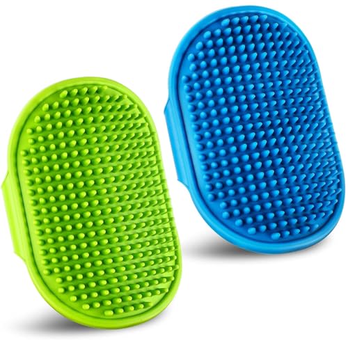 Kwispel Dog Grooming Brush, Pet Shampoo Bath Brush Dog Grooming Shedding Brush Soothing Massage Rubber Comb with Adjustable Ring Handle for Long Short Haired Dogs and Cats 2pcs