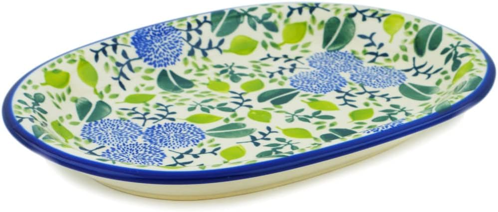 Polmedia Polish Pottery Oval Platter 11-inch UNIKAT - Winter Viola Pattern Handmade in Boleslawiec Poland by Ceramika Bona + Certificate of Authenticity