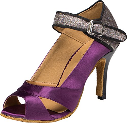 Chaussures de danse latine confortables en satin violet bout ouvert