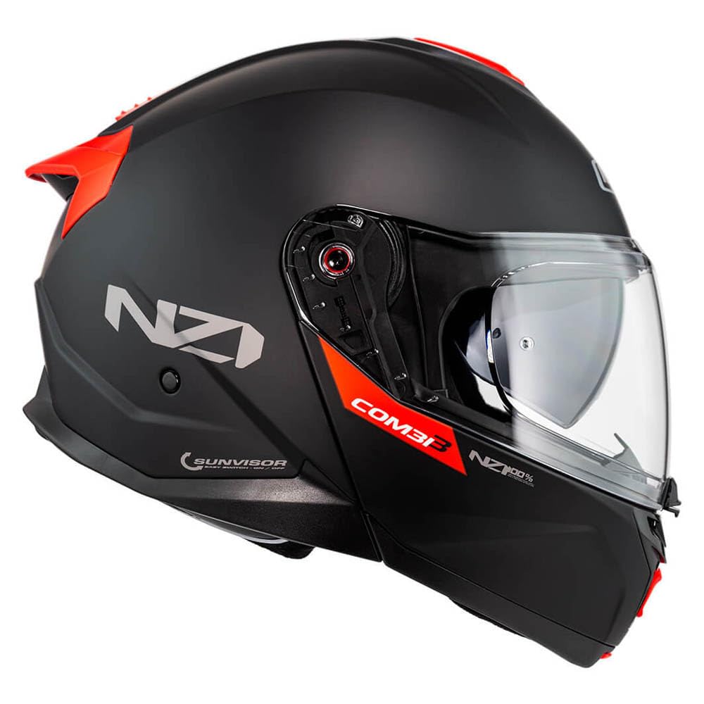 NZI Combi 3 Duo Nouveau Negro Rojo Mate - Casco de Moto Modular Abatible con Visor Solar - Unisex Hombre y Mujer - Homologado P/J ECE 22.06