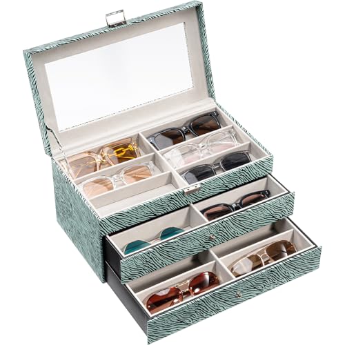 Image of ProCase 3-layer Sunglasses Storage Organizer, 18 Slots Leather Sunglass Box Multiple Pairs Eyeglass Cases Eye Glass Eyewear Display Holder for Men Women -Stripe
