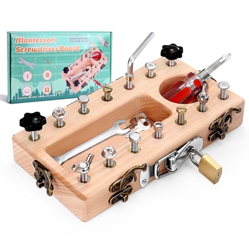Cofvetia Montessori Spielzeug ab 3 4 5 Jahre, Holz Schraubbrett Kinderspielzeug Montessori Busy Board Spielzeug, Motorikspielzeug Lernspielzeug mit Zubehör, Geschenke für Jungen und Mädchen