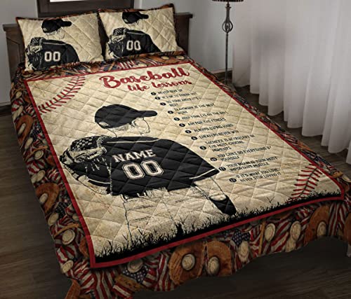 Custom Baseball Life Lesson Boy Baseball Fan Gift Personalized Name Number Quilt Blanket & Pillowcases, Quilts Bedding Set & Pillow Cover, King Queen Double Twin Throw Full Size Bedspread Bed Sets