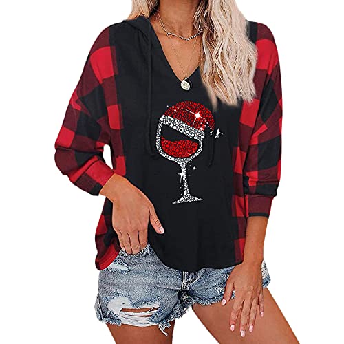 Sxkayxr Sudadera de manga larga con estampado de copa de vino para mujer, diseño de sombrero de Navidad, rosso, M Cover