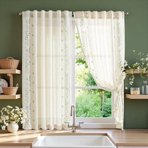 Image of jinchan Green Floral Linen Kitchen Tier Curtains 54 Inch Back Tab 2 Panels