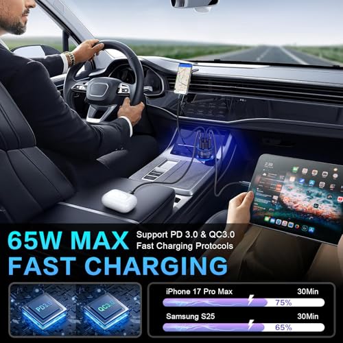 Cargador de coche 65W con 4 puertos PD y QC 3.0 para iPhone 17 y Samsung 2