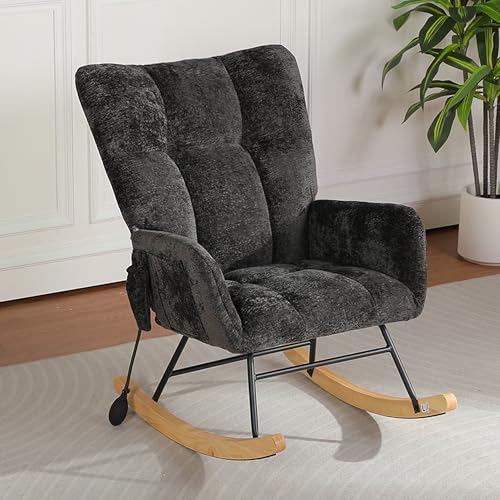 Image of Rocking Chair Nursery with Airbag, Comfy Modern Nursery Rocking Reading Chair Indoor, Cozy Upholstered Glider Rocker Chairs with High Backrest for Living Room Bedroom Offices(Chenille, Black)