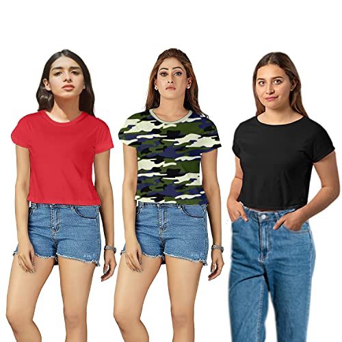 Image of Hangout Hub Women Crop Top T-Shirts | Round Neck Plain Solid Tshirts | Double Weaved | Shrink Free Tees | Casual T-Shirt for Woman Ladies Girls(Cotton|Pack of 3)
