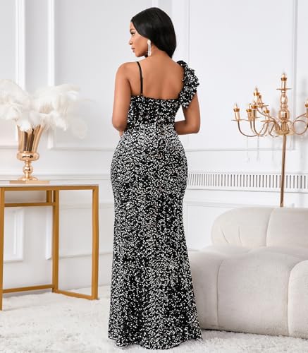 Image of Cololura Women Sexy Elegant Sequin High Split Ruffled Hem Mermaid Party Cocktail Bodycon Formal Evening Gowns Maxi Dress