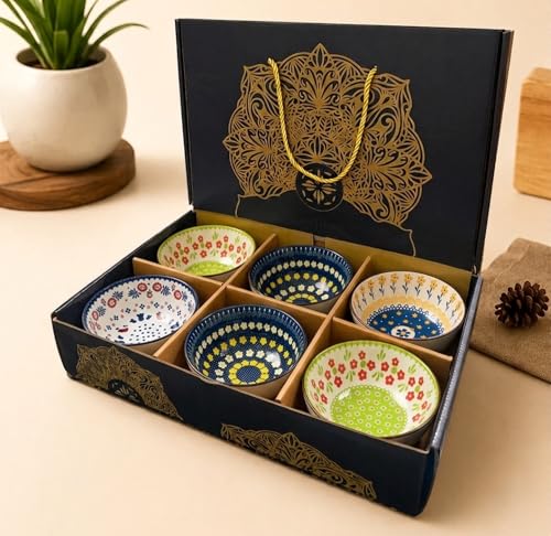 Image of Premium Ceramic Bowls Set of 6 for Kitchen & Dining | Microwave Safe Serving Bowls for Soup, Snacks, Salad, Ice Cream, Pasta & Cereal | Dishwasher Safe Multicolor Bowls