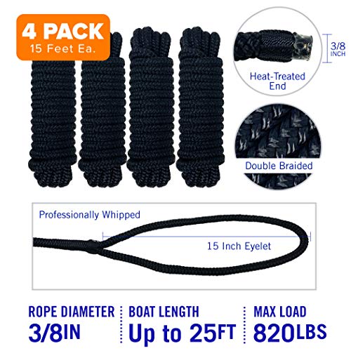Image of Dock Lines for Boats 3 /8 inch x 15ft, 4 Pack Double Braided Nylon Boat Rope | 12 inch Loop, Marine Grade Mooring Line for Docking, Black, Better Boat