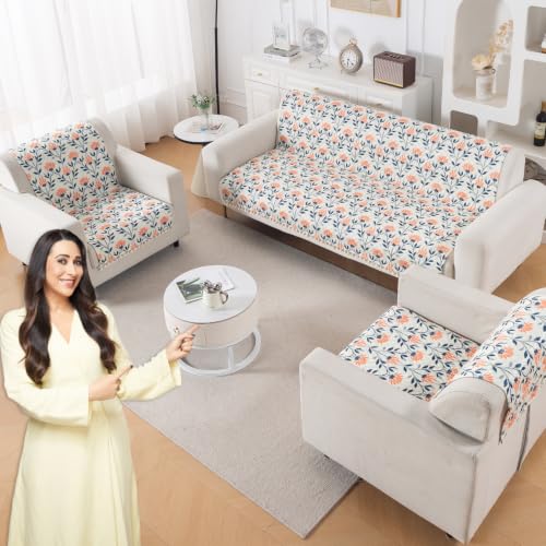 Image of HOKIPO Folk Garden Quilted Sofa Cover 5 Seater Set - Washable 3+1+1 Sofa Cover for Seat & Back with Tassel Design | 'Tassel Twigs' Series (IN-991-T9 + IN-989-T9)