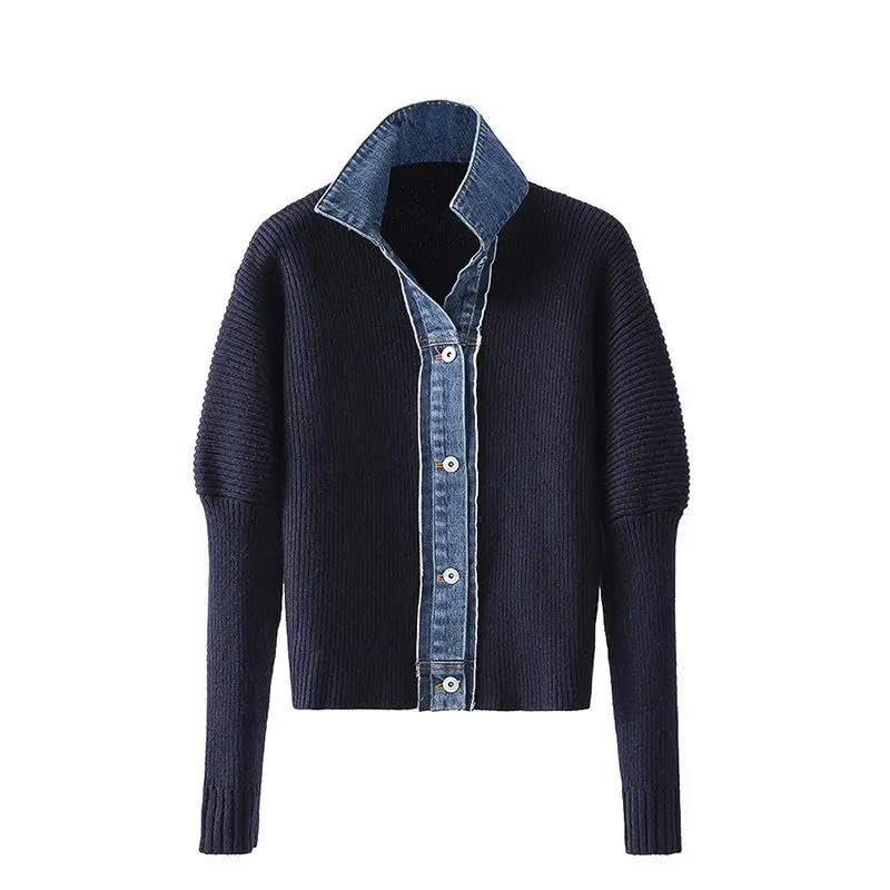 SYLDMJ Women's Sweatshirt Cardigan Sweater Women Loose Denim Patchwork Knitted Jacket-Blue-One Size