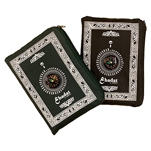 ABDEEZ [Pacote com 2] Tapetes portáteis de oração para viagem | Bússola, pesos (mantém o tapete no lugar) e bolsa, tamanho de bolso (2)