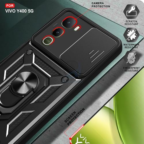 Image of AESTMO Tough Armor Vivo Y400 5G Bumper Back Case Cover | Ring Holder & Sliding Camera Shield Cover | 360 Degree Protection Back Case Cover for Vivo Y400 5G (Black)