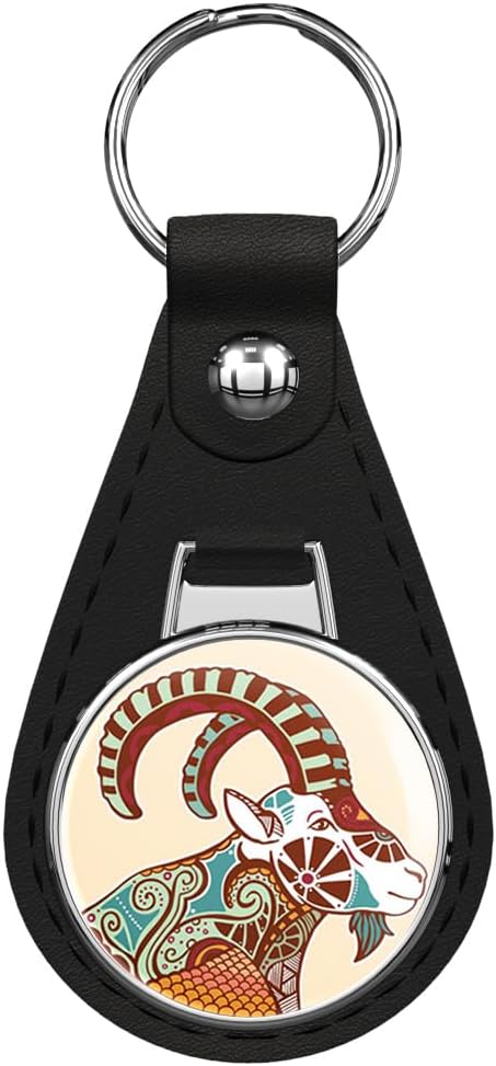 Aries Zodiac Symbol Astrology Sign Car Black Leather Key Chain Keychain Silver Ring