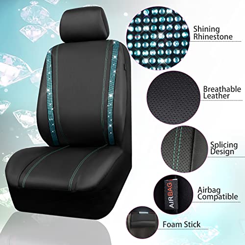 Image of CAR PASS Bling Car Seat Covers Full Set, Shining Rhinestone Diamond Waterproof Faux Leather Universal Fit 95% Automotive Glitter Crystal Sparkle Strips for Cute Women Girl, Full Set (Mint Diamond)