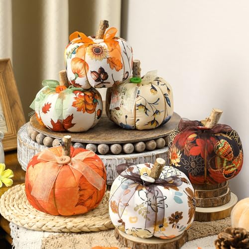 Chunful 6pcs Thanksgiving Pumpkin Decorations 4 Inch Mini Fabric Pumpkins for Decorating Halloween Artificial Fabric Decorations for Thanksgiving Day Fall Farmhouse Harvest Decorative