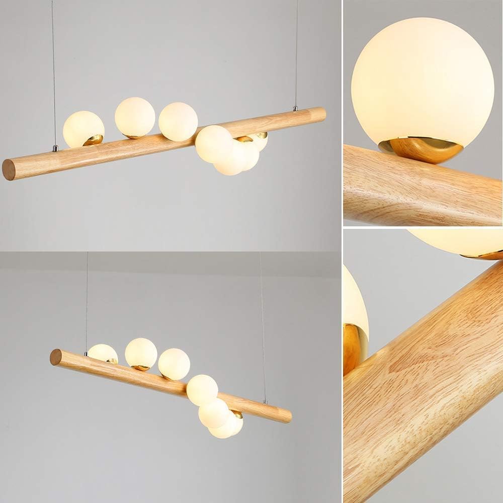 Lampada a sospensione Legno Lampada da tavolo da pranzo Vintage,La trave di legno è lunga 120 cm, con 7 sfere di vetro - regolabile in altezza,Lampadario per Della Bar Sala da Pranzo