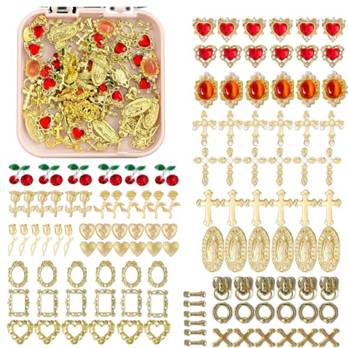120PCS Gold Nail Charms, 3D Cross Nail Art Jewelry Set with Cross, Rose, Hearts, Cherry, Flowers, Virgin Mary Nail Studs, Crystal Rhinestone, Metal Nail Gems Luxury Nail Decoration for Craft DIY