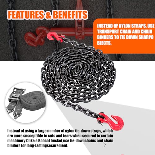 Image of G80 Transport Binder Chain1 /4 x 14 FT Tow Cable with Clevis Grab Hooks | 3,300 lbs WLL Heavy Duty Link for Transporting, Towing, Tie-Down & Lifting
