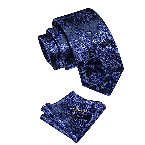 Image of YourTies Silk Paisley Floral Tie and Pocket Square Cufflinks with Lapel Pin Sets for Men 5PC Wedding Party