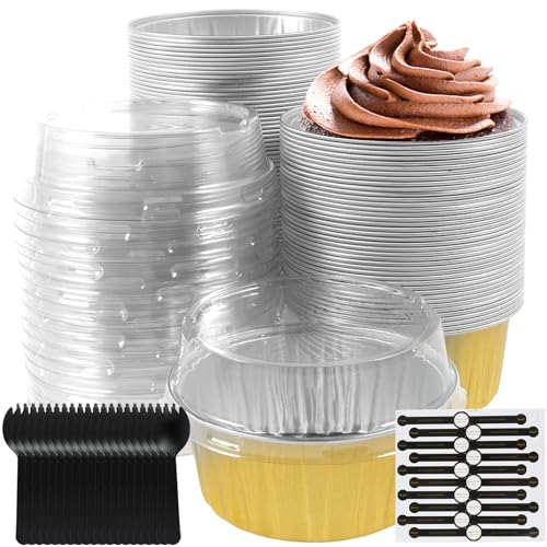 100 PCS Aluminium Foil Baking Cups 4.4oz Mini Cake Pans with Lids and Forks Heat Resistant Cupcake Cases Reusable Foil Muffin Liners Cupcake Liners for Gatherings Picnics Parties(golden,100)