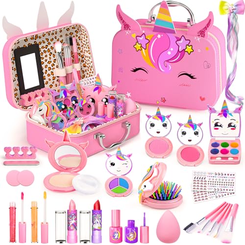 Mqsiuve Kids Makeup Kit for Girl - Non-Toxic Kids Washable Makeup Girls Toys Girls Makeup Kit Princess Toys Real Play Makeup Set Birthday Girls Gift for Ages 3 5 6 7 8 9 10-12 Year Old Bright Pink