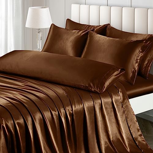 Image of Ersmak 7 Pieces Satin Sheets Set Queen Size, Luxury Silky Brown Satin Bed Sheets Set with 1 Deep Pocket Fitted Sheet, 1 Soft Flat Sheet, 4 Queen Pillowcases and 1 Body Pillowcase