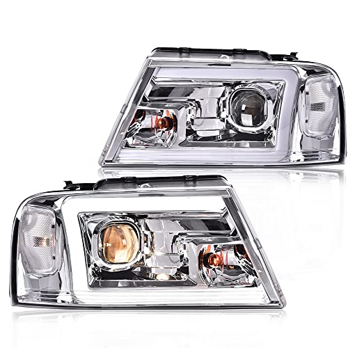 Image of GRAND ORANGE LED DRL Headlights Assembly Compatible with Ford F150 2004-2008 / Fit 2006-2008 Lincoln Mark Lt (NOT Fit 2004 F150 Heritage /Flareside Beds) Clear Lens Chrome Housing Clear Reflector