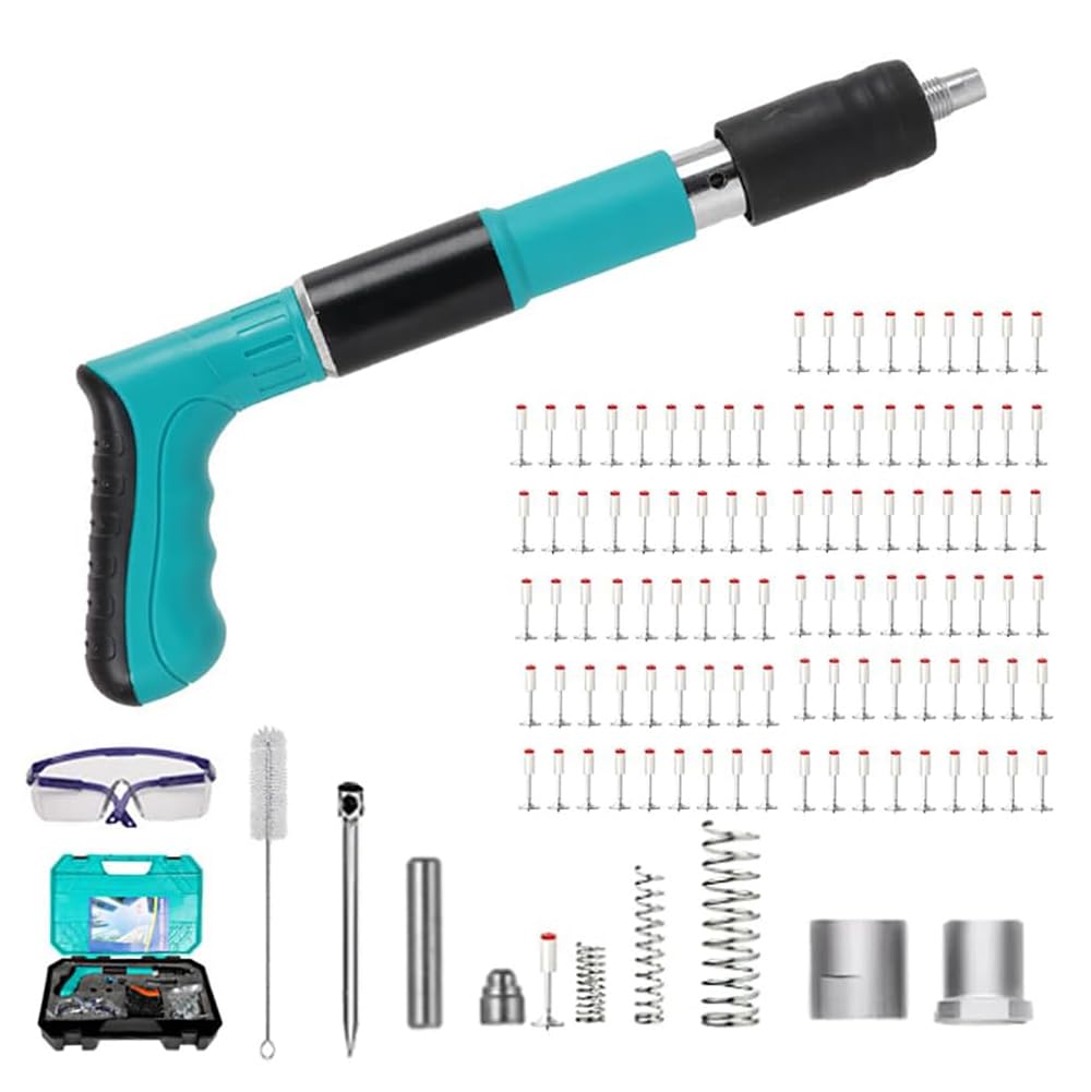 NEWFUN Pistola Sparachiodi,Pistola Manuale Sparachiodi,con 100 Chiodi, Spara Chiodi Per Cemento E Ferro,Portatile Nail Gun Regolabile, con Occhiali di Protezione e Custodia in Plastica Portatile