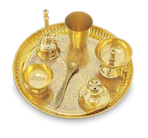Image of BENGALEN Brass Pooja Thali Set 8 Inch Puja Thali with Pital Plate Glass Piyali Diya Dhup Dan Chandan Wati Ghanti Palli for Diwali Home Office Mandir Wedding Return Gift Items