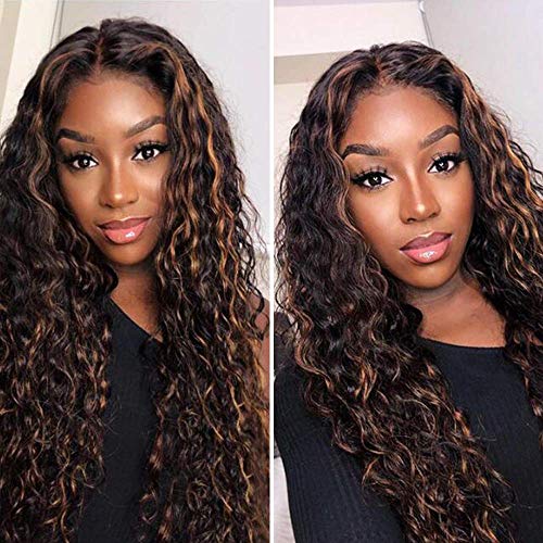 T Part 13x1X5 Lace Front Wigs Human Hair Highlight 150% High Density Brazilian Remy Brown Wigs Ombre Color T-Part Lace Front Human Hair Wigs Pre Plucked with Baby Hair(14 Inch Middle Part)
