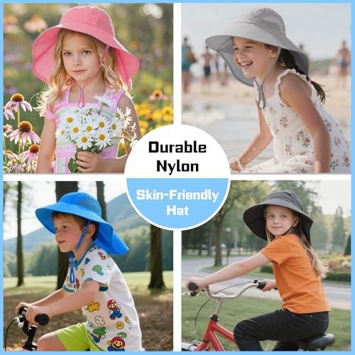 Image of Rosoz Kids Sun Hat with Neck Flap UV Protection Summer Toddler Beach Hat Unisex Ponytail Hat Wide Brim Fishing Hat