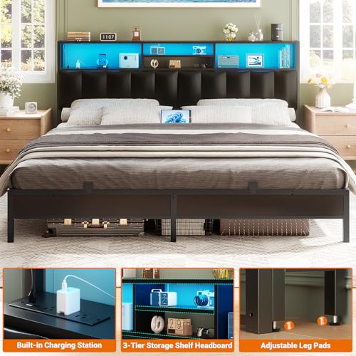 Image of Aheaplus Headboard for King Size Bed with Storage, Upholstered Headboards | with Outlets, USB Ports and LED Light, Reversible King Size Head Board, Height Adjustable, Comfortable Headboard, Black