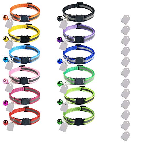 Elanz 12 Pack Reflective Breakaway Cat Collar with Bell & ID Tag –