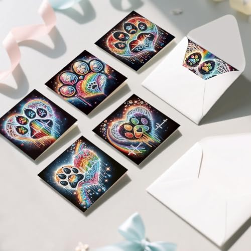 Image of 6 Pack Diamond Painting Greeting Cards with Envelopes, DIY 5D Diamond Art Card Kit Colorful Artistic Paw Designs, 30x15cm Handmade Rhinestone Cards Crafts for Pet Lovers and Creative Greetings
