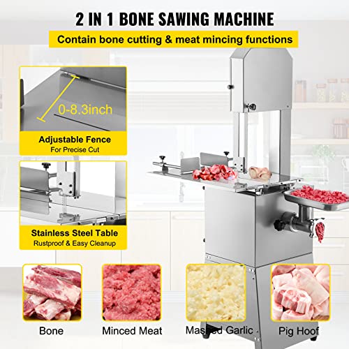 Vevor Commercial Bone Cutting Machine, 551 Lbs/H Meat Grinding Capacity, 550W Electric Meat Bandsaw With Stainless Steel Blade & 0-8.3 Inch Cutting Thickness, 24X18 Inch Workbench For Fish Pork Beef #TOP2
