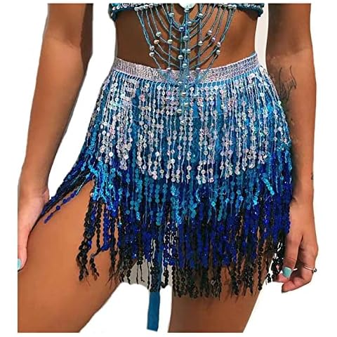 Andelaisi Boho Sequin Tassel Skirt Sequins Fringe Hip Scarf Glitter Dance Skirt Belly Tassel Hip Mini Rave Skirt Sparkly Cosplay Festival Jewelry for Women and Girls (Blue and Silver) Cover