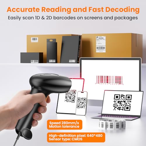 Image of HIROBOT QR /2D /1D Barcode Scanner with Stand, Wired Handheld Barcode Reader Compatible with QR Code & Barcode, Camera Button Scan /Induction and Continuous Automatic Scan (BlackOrange)