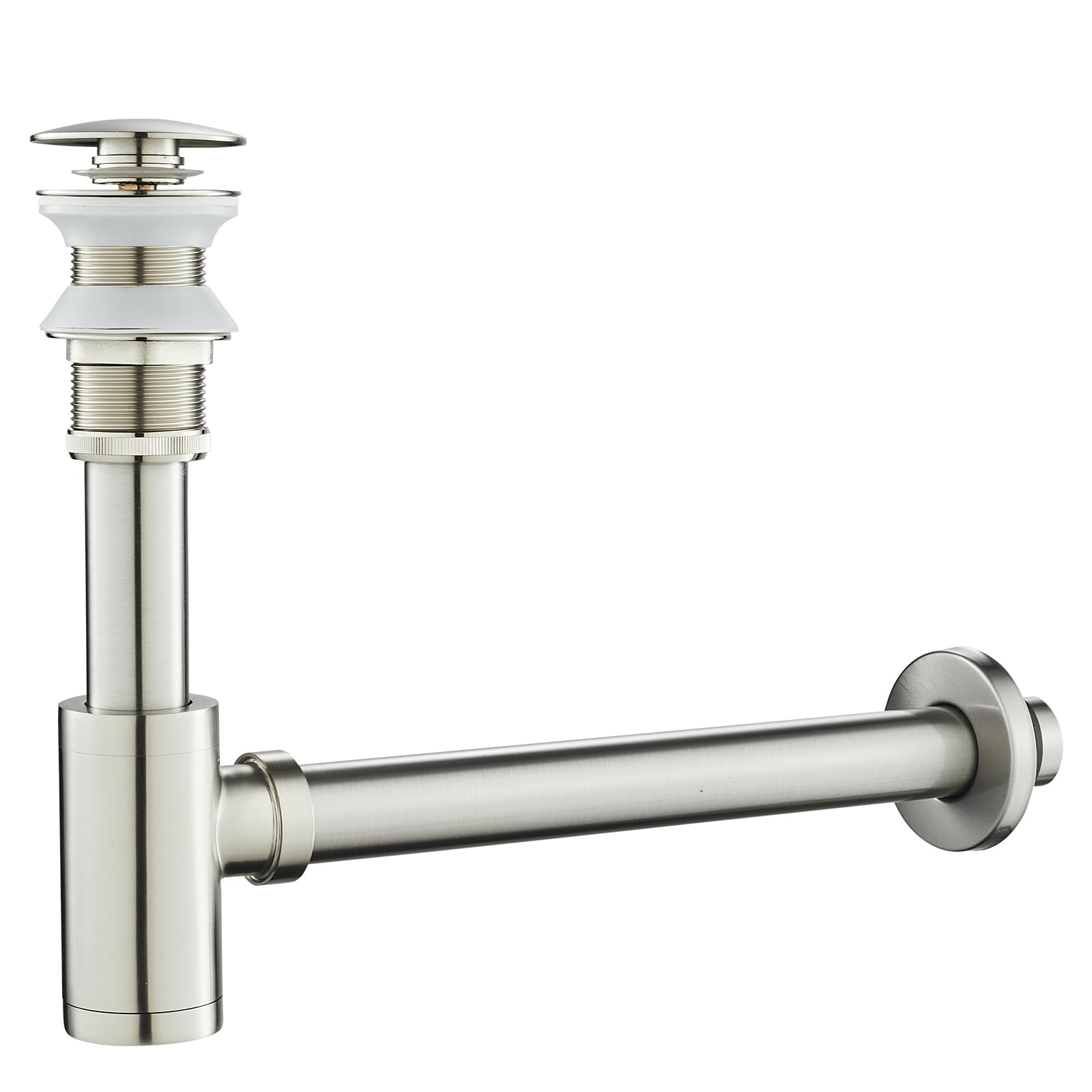 Solid Brass Bathroom Sink P-Trap Complete Set, Adjustable 1-1/4 Bottle Trap with Pop Up Drain Stopper Without Overflow, Brushed Nickel